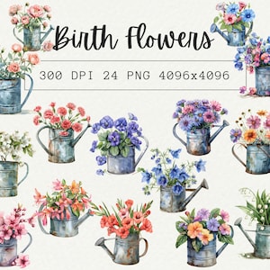 Watering Can Flower, Birth Flower PNG, Custom Flower Bouquet Graphic, Flower Watering, Birthday Flower, Antique Floral, Birth Flower Clipart