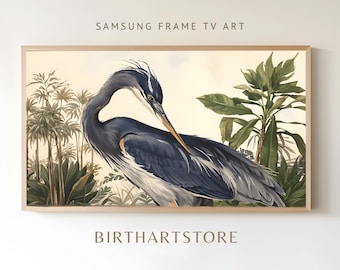 Samsung Frame TV Blue Heron Art, Vintage Tropical Bird Painting, Coastal Bird TV Art, Printable Digital Download