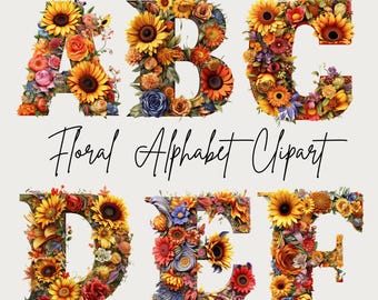 Floral Alphabet Clipart, Floral Letter Monogram, Floral Initial, Alphabet Png, A-Z Floral Letters, Nursery Decor Scrapbooking Commercial Use