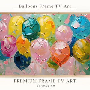 Op de afbeelding: Een kleurrijk abstract schilderij van ballonnen in tinten roze, geel, blauw, groen en oranje. De ballonnen zijn geschilderd in een dikke, textuurrijke stijl, waardoor het schilderij een driedimensionaal effect krijgt. De achtergrond is een zacht, gedempt groen.