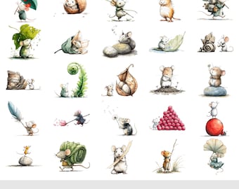 70 Watercolor Mouse Clipart PNG, Cute Animal Graphics for Nursery Decor, Digital Scrapbooking, Commercial Use, Instant Download Printable