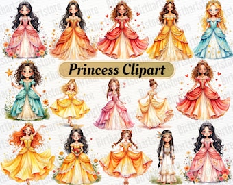 May include: Watercolor clipart featuring various princess illustrations in vibrant colors. Each princess is depicted in a flowing gown, adorned with crowns and floral accents. The collection includes princesses in pink, yellow, orange, and blue dresses.