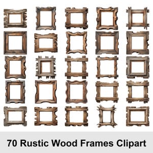 May include: A collection of 70 rustic wood frames in various shapes and sizes. The frames are made of weathered, brown wood with visible grain and knots. The image includes a variety of square and rectangular frames, perfect for art or photos.