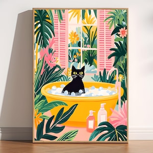 バスルーム用黒猫ポスター、バスタブ猫の面白いアート、猫好きのユーモアのある装飾、バスルームの壁アート、面白い猫のプリント、デジタル猫のバスルームプリント