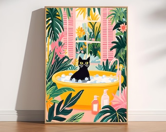 Black Cat Bathroom Poster, Funny Bathtub Cat Wall Art, Cat Lover Bathroom Decor, Printable Gallery Wall