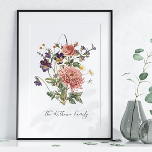Bouquet de famille de fleurs de naissance, impression de fleurs de naissance personnalisée, décoration d'intérieur minimaliste, cadeau pour maman, bouquet de famille à imprimer, cadeau de fête des mères