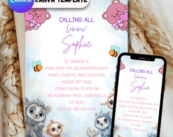 Modèle modifiable d'invitation d'anniversaire Labubu - Toile d'invitation numérique pour fête d'enfants - Carte imprimable à téléchargement immédiat