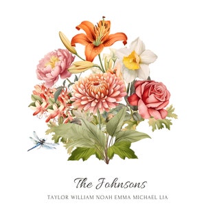 Buquê de flores de nascimento da família digital, modelo de flor de mês de nascimento personalizado, presente de dia das mães, impressão de flor de nascimento personalizada, design de flor