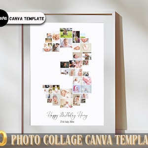 Poster 3e anniversaire, panneau modifiable pour le 3e anniversaire, affiche photo 3e anniversaire bricolage, affiche d'anniversaire personnalisable en toile, collage de numéros
