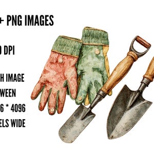 May include: Watercolor illustration of gardening tools and gloves. The image includes a pair of gardening gloves in shades of red and green, and two trowels with wooden handles. Text on the image reads: 95+ PNG Images, 300 DPI, Each image between 4096 * 4096 pixels wide.