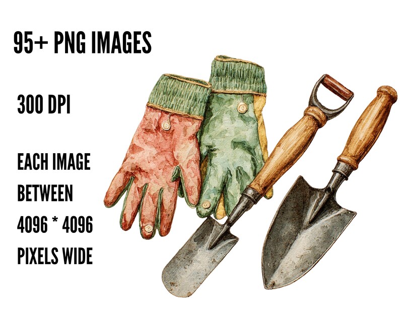 May include: Watercolor illustration of gardening tools and gloves. The image includes a pair of gardening gloves in shades of red and green, and two trowels with wooden handles. Text on the image reads: 95+ PNG Images, 300 DPI, Each image between 4096 * 4096 pixels wide.