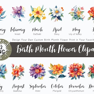 Geburtsmonat Blumen Print, Geburtsblumen Clipart, Botanische Clipart, Benutzerdefinierte Blumenstrauß, Floral Design, Geburtsmonat Blumen, Flower Art