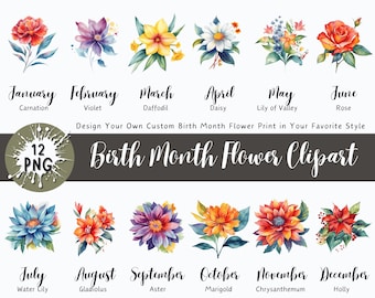 Birth Month Flower Print, Birth Flowers Clipart, Botanical Clipart, Custom Flower Bouquet, Floral Design, Birth Month Flowers, Flower Art
