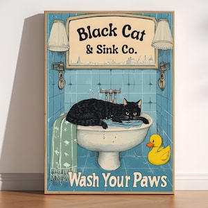 Wash Your Paws Cat Print, Black Cat Bathroom Poster, Art Deco Cat Prints, Trendy Restroom Print, Washroom Cat Wall Art, Retro Cat Wall Decor
