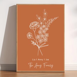 Bouquet de fleurs de naissance personnalisé, cadeau personnalisé pour maman, cadeau unique pour la fête des mères, impression d'art au trait fleurs de naissance, cadeau tatouage personnalisé