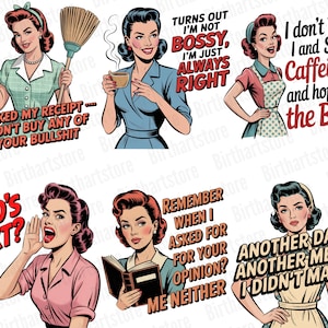 Rolig retro hemmafru PNG-paket | 40 sarkastiska vintage clipart-designer för sublimering | Kommersiell t-shirtdesign digital nedladdning bild 7