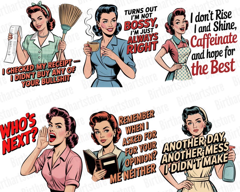Rolig retro hemmafru PNG-paket | 40 sarkastiska vintage clipart-designer för sublimering | Kommersiell t-shirtdesign digital nedladdning bild 7