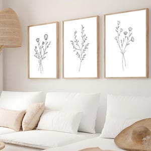 Flower Line Art, Set of 3 Botanical Prints, Neutral Floral Decor, Wall Art for Living Room, Printable Line Art Set, Boho Floral Wall Decor