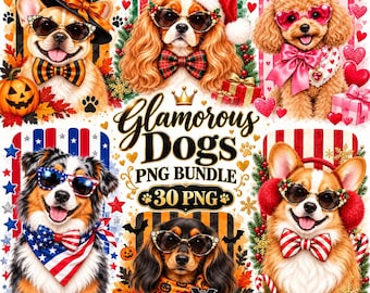 Glamorous Dog Clipart Bundle, Fashionable Dogs PNG, Chic Sunglasses Puppies, Preppy Pet Illustrations for T Shirts, Stickers & Crafts