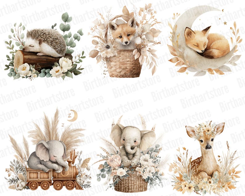 Watercolor Baby Animals Clipart Bundle, Boho Woodland Nursery PNG Set ...