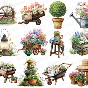 May include: Watercolor illustrations of gardening elements. Includes a wooden wheelbarrow filled with flowers, a topiary in a terracotta pot, a watering can with flowers, a lantern, a wooden crate with flowers, and a wheelbarrow with seed packets.