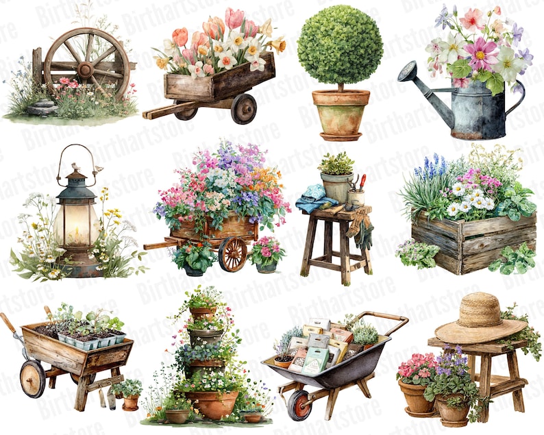May include: Watercolor illustrations of gardening elements. Includes a wooden wheelbarrow filled with flowers, a topiary in a terracotta pot, a watering can with flowers, a lantern, a wooden crate with flowers, and a wheelbarrow with seed packets.
