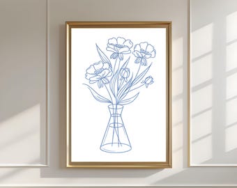 Blue Botanical Wall Art Print, Botanical Art Prints, Floral Still Life Poster, Minimalist Vintage Decor
