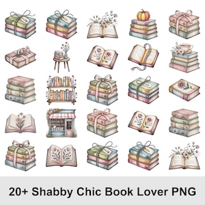 May include: A collection of watercolor illustrations featuring stacks of books, open books, and a small bookstore. The books are adorned with ribbons, flowers, and a pumpkin. The text at the bottom reads "20+ Shabby Chic Book Lover PNG".