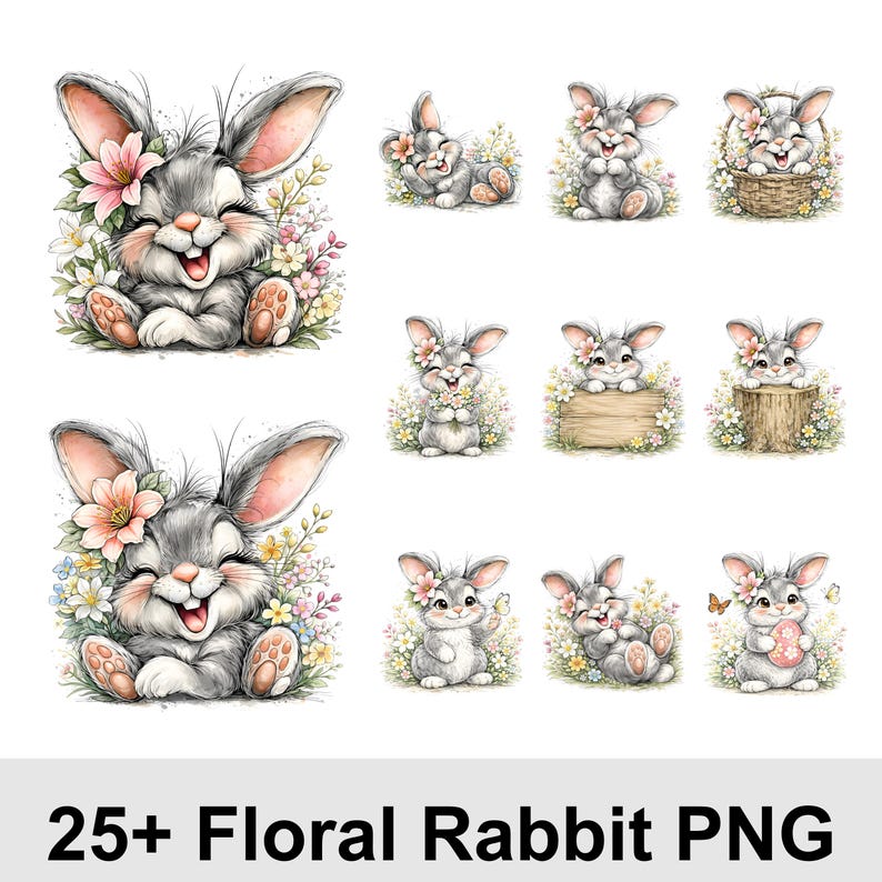 Floral Bunny Clipart Bundle, 25 Cute Easter Clipart PNG, Printable ...