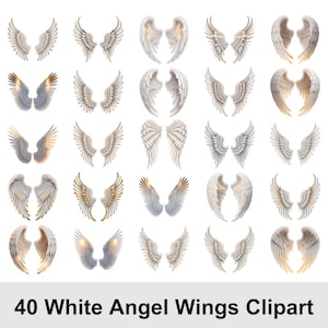 May include: A selection of 40 white angel wings clipart in diverse styles. The wings are shown in white, grey, and gold, with detailed feather textures. The text "40 White Angel Wings Clipart" is displayed at the bottom of the image.