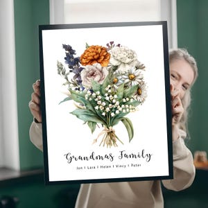 Bouquet de fleurs de famille, impression aquarelle personnalisée de fleurs de naissance, art floral du mois de naissance, cadeau personnalisé pour maman, cadeau personnalisé