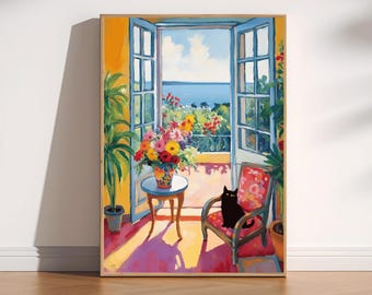 黒猫プリント、開いた窓の猫のポスター、面白い猫プリントギフト、マティスの開いた窓の猫プリント、猫の壁アートプリント、アンリ・マティスのポスター