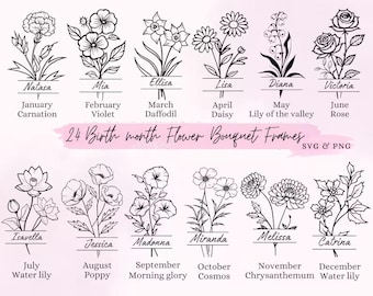 Birth Month Flower SVG Bouquet Frame, Floral Monogram PNG, Birth Flower Monogram, Birthday Flower Design for Cricut (Digital Download)
