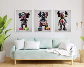 Kaws Poster, Set of 3 Hypebeast Prints, Hypebeast KAWS Room Decor, Minimalist KAWS Art Prints, Graffiti Wall Art, Streetwear Wall Art