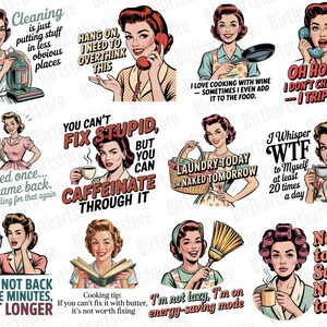 Rolig retro hemmafru PNG-paket | 40 sarkastiska vintage clipart-designer för sublimering | Kommersiell t-shirtdesign digital nedladdning bild 4