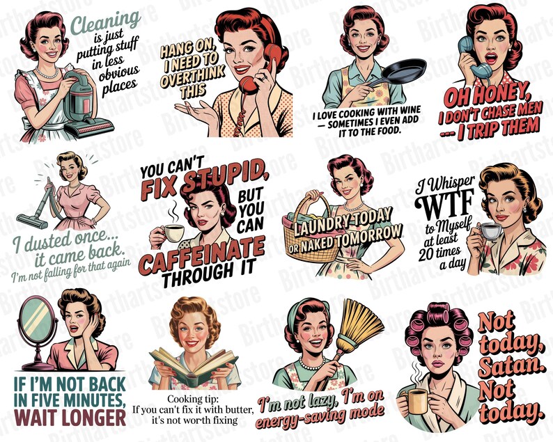 Rolig retro hemmafru PNG-paket | 40 sarkastiska vintage clipart-designer för sublimering | Kommersiell t-shirtdesign digital nedladdning bild 4