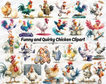 May include: A collection of whimsical chicken illustrations in various poses and outfits. The chickens are depicted with glasses, hats, and other accessories, engaging in activities like skateboarding, playing music, and driving a car. The text "Funny and Quirky Chicken Clipart" is also visible.