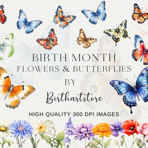 Imágenes prediseñadas de flores del mes de nacimiento, imágenes prediseñadas de mariposas de flores de nacimiento, mariposas florales PNG, PNG florales antiguas, botánica floral, flores de cumpleaños