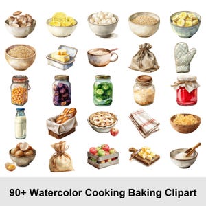 Puede incluir: Ilustración en acuarela de varios ingredientes de cocina y repostería, incluyendo cuencos de frutas, granos y huevos, tarros de conservas, una tarta y una hogaza de pan. El texto en la parte inferior dice "90+ Watercolor Cooking Baking Clipart."