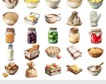 May include: Watercolor illustration of various cooking and baking ingredients, including bowls of fruit, grains, and eggs, jars of preserves, a pie, and a loaf of bread. The text at the bottom reads "90+ Watercolor Cooking Baking Clipart."