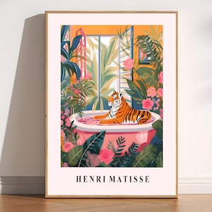 Tigre dans une baignoire, impression fantaisiste de salle de bain, art éclectique pour salle de bain, affiche tigre, affiche tendance, impression Matisse, affiche de salle de bain de luxe