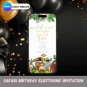Faire-part d'anniversaire safari, invitation d'anniversaire sur le thème de la jungle, invitation sauvage une partie, invitation d'anniversaire de bébé safari, modèle d'invitation électronique