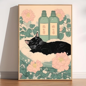 バスタブの中の猫、黒猫の壁飾り、和風猫の壁掛けプリント、かわいい猫のバスルームアート、猫のバスルーム装飾、トロピカルなバスルームプリント