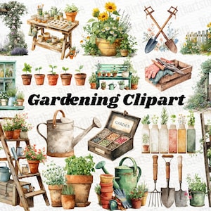 May include: A watercolour illustration of gardening tools and plants. The image includes a wooden potting bench, a watering can, a wooden ladder, and various potted plants. The text "Gardening Clipart" is also included.
