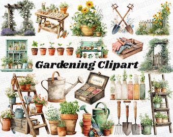Clipart di giardinaggio / Attrezzi da giardino e fiori ad acquerello / 100 PNG (download digitale)