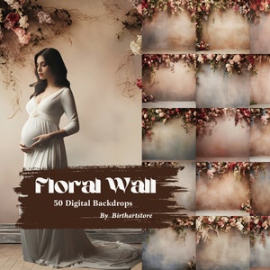May include: A collection of 50 digital backdrops featuring a floral wall with a soft, dreamy aesthetic. The backdrops are perfect for newborn, baby, and maternity photography.
