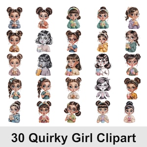Quirky Girl Clipart Bundle | 30 Whimsical Character PNGs for Planner Stickers • Cute Digital Clipart with Commercial Use • Instant Download