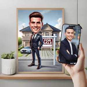Caricatura de agente inmobiliario, retrato personalizado de caricatura de agente inmobiliario, caricatura de agente inmobiliario, caricatura de agente inmobiliario, caricatura personalizada de agente inmobiliario
