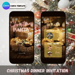 May include: Two smartphones displaying a Christmas party invitation. The first phone shows "Christmas Party" in neon script, details, and a call to RSVP. The second phone shows location and food and drink details. The background is a Christmas tree.