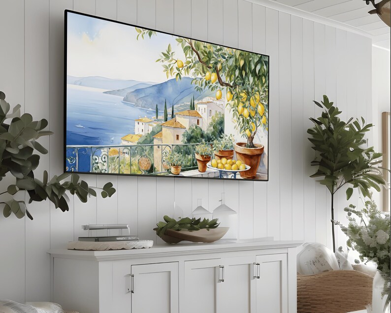 Amalfi Coast TV Art Lemons Frame TV Italian Coastal Decor Lemon Landscape TV Art Mediterranean TV Display Amalfi Lemon Grove Scene Coastal TV Painting Italian Seaside TV Frame Lemon Tree TV Art